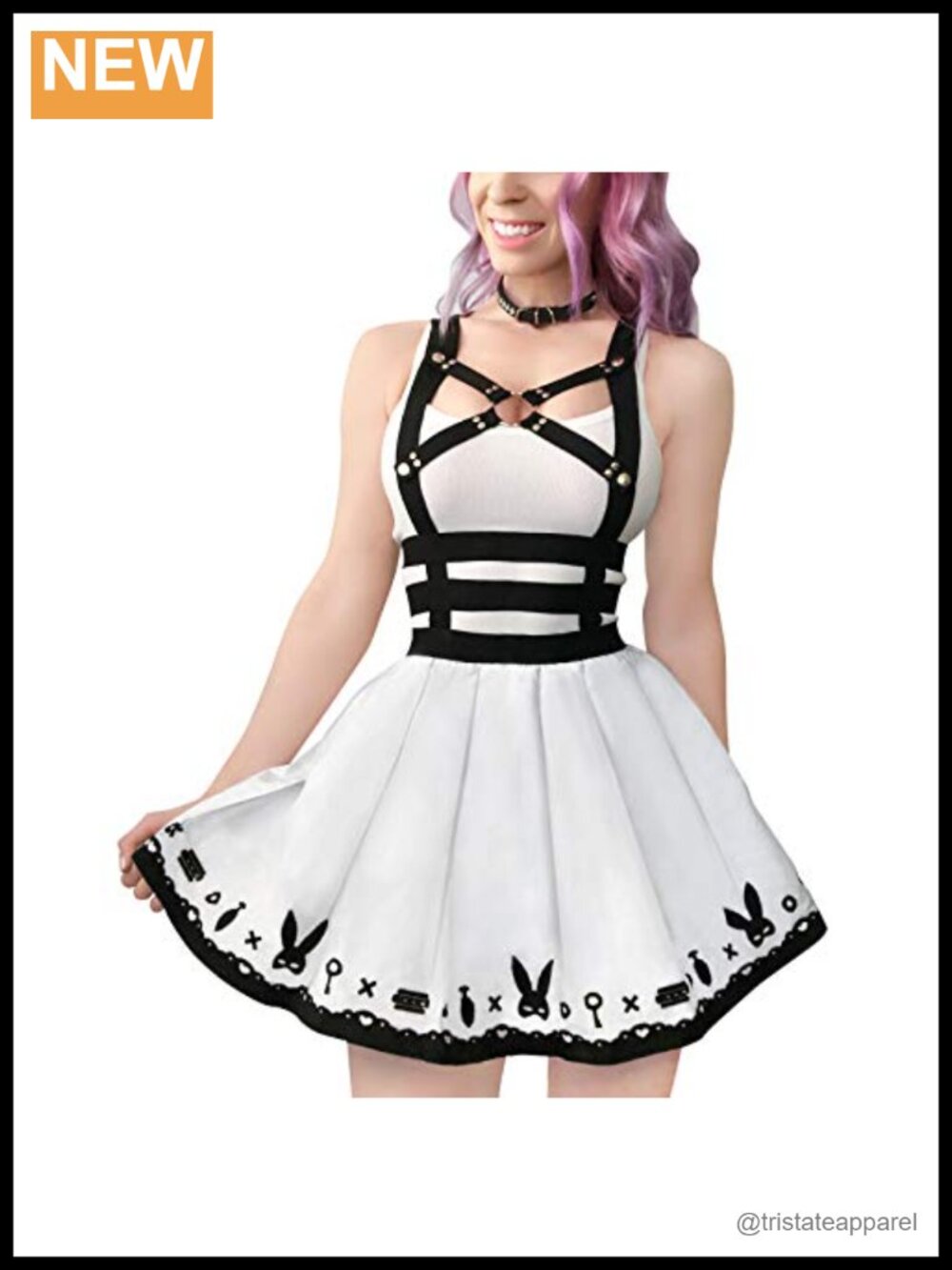 Cotton Bodycon Overall Skirt Romper with Bondage Harness Embroidered Hem